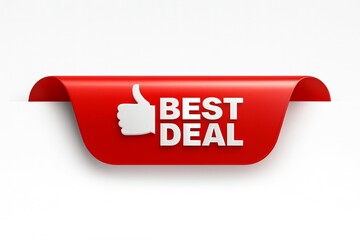Red ribbon tag with a white thumbs up icon and the words best deal symbolizing a great offer or sale