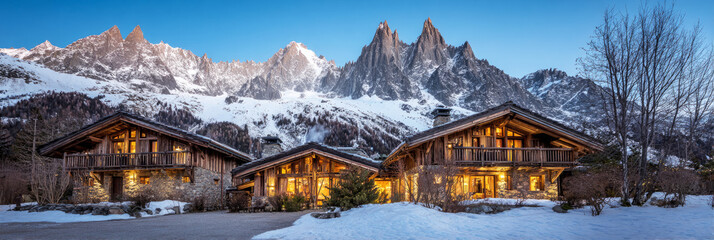 Experience a cozy winter vacation at beautiful chalets surrounded by snow-covered mountains. The warm lights contrast with the cold winter landscape, creating a serene atmosphere