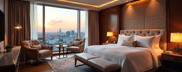 Fototapeta premium Luxurious Hotel Suite with King Bed and Stunning City Views Relaxing Getaway or Romantic Escape