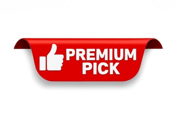 Red premium pick banner with a white thumbs up icon and clear text on a white background