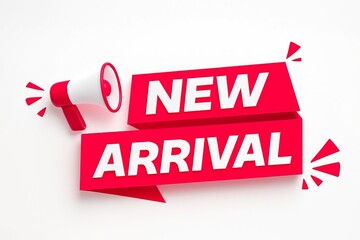 Bright red banner announcing a new arrival with a megaphone and festive elements on a white background