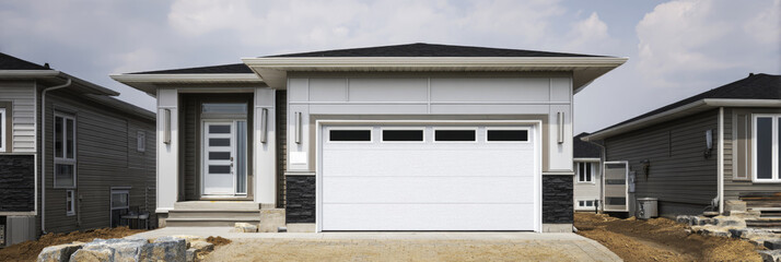 A modern garage door is positioned in a residential area, featuring a sleek design and a contrasting shadow effect from sunlight, showcasing an elegant and functional entrance, banner