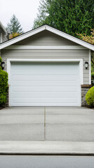 A modern garage door is positioned in a residential area, featuring a sleek design and a contrasting shadow effect from sunlight, showcasing an elegant and functional entrance