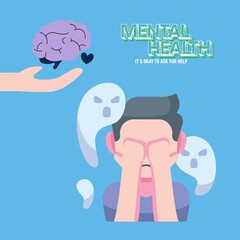 Mental Health Awareness with Text, Man, and Brain Isolated on Blue Background Illustration Vector - Emotional Support and Healing Concept with Brain and Shadows