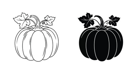 Two pumpkins depicted in contrasting black and white line art styles