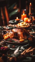 A beautifully roasted Thanksgiving turkey is presented on a platter surrounded by mashed potatoes, cranberry sauce, and seasonal decorations, creating a warm festive setting