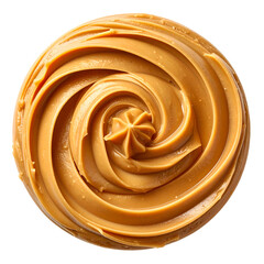 Swirling, smooth, textured view of a tan spread, resembling a spiral, centered on black