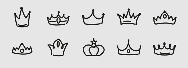 A variety of hand drawn crown illustrations perfect for creative designs, art, and decorative projects.