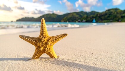 A starfish stands majestically on a sun-kissed beach. Calm turquoise water meets the white sand. Distant greenery adds depth