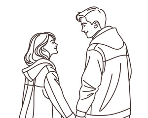 Line art illustration of a young couple holding hands looking at each other with love and wearing hoodies with a minimalist style and romantic mood