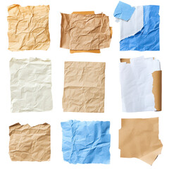 Wrinkled paper assortment: This image showcase a selection of textured, crumpled sheets of paper in various colors. Perfect for adding a touch of distressed aesthetic to your design.