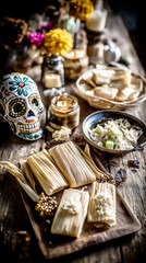 Families honor loved ones during Dia de los Muertos by sharing traditional dishes, including tamales and rice, surrounded by marigolds and candles for remembrance