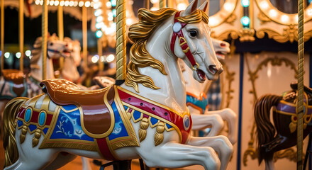 Ornate carousel horses with decorative saddles are illuminated by warm lights.