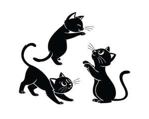 Three Black Cartoon Cats Playing Together on White Background Vector Illustration Graphic Resource Cute and Playful Design Element