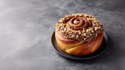 Chocolate Swirl Pastry Delight: A delectable chocolate swirl pastry, elegantly presented on a dark plate, beckons with its rich flavors and inviting aroma.