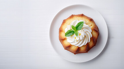 Delicate Cake with Creamy Swirl: A freshly baked cake, artfully topped with a swirl of rich cream and garnished with a sprig of fresh mint, offering a tantalizing visual appeal.