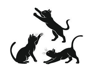 Three black cat silhouettes in playful poses against white background representing feline behavior and domestic animals