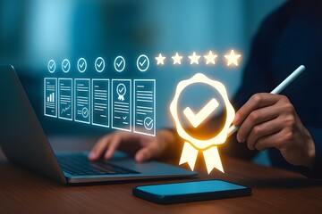 Quality assurance and certification compliance concept with digital badge symbolizing performance standards and business excellence
