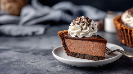 Chocolate Dream: A delectable slice of chocolate pie, crowned with a generous swirl of whipped cream and chocolate shavings, promises a moment of pure indulgence.
