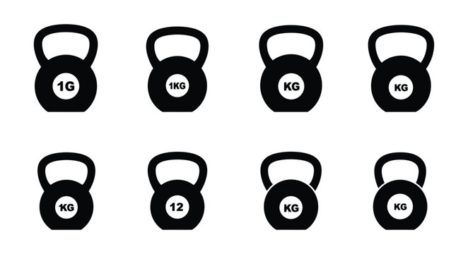 Black kettlebell icons with varying weights displayed in a grid pattern