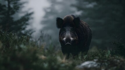 A solitary wild boar emerges from a dense foggy forest with an intense gaze