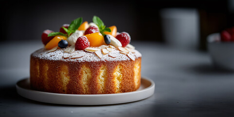 Delicious Dessert Delight: A mouthwatering cake is beautifully garnished with fresh, colorful fruit and a delicate dusting of powdered sugar, offering a tempting treat.