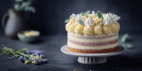 Elegant Cake Delight: A delectable layered cake, adorned with delicate floral embellishments, sits on a pristine white pedestal, promising a symphony of flavors and textures.