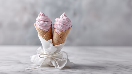 Sweet Treat Duet: Two delectable ice cream cones with swirled pink ice cream, a delightful duo ready to be savored, on a soft white napkin tied with string.