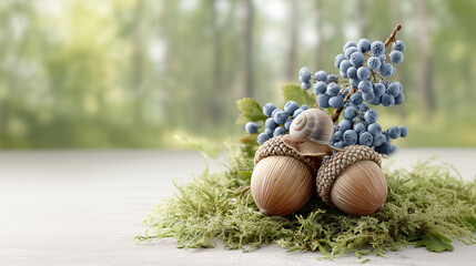 Acorns and Snail in Nature's Embrace: The scene features an intimate close-up of two acorns, with a snail crawling atop one, amidst a bed of verdant moss, and a cluster of berries.