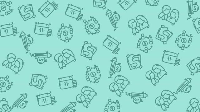 Seamless pattern of hand-drawn finance and education icons in pastel turquoise line art. Perfect for business infographics, study themes, and digital backgrounds