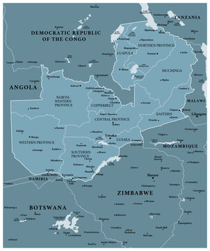 Zambia - detailed political map of the country with regions and major cities.