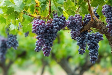 Fresh purple grapes hanging on vine in vineyard.