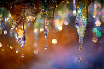 Icicles are suspended from a roof edge as sunlight creates a rainbow in the snowy landscape. The scene captures the beauty of winter at dusk, showcasing nature's wonders