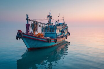 Fototapeta premium Fishing boat floating on calm sea during sunrise.