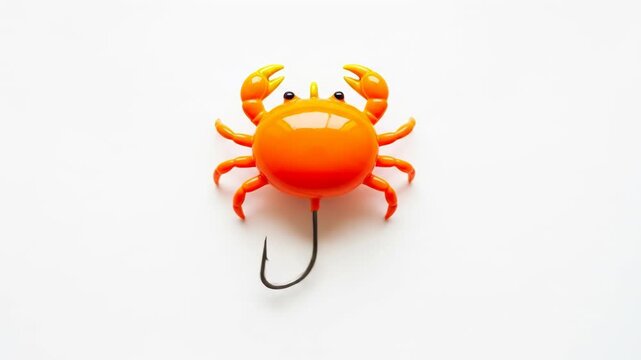 A bright orange toy crab is impaled by a sharp fishing hook