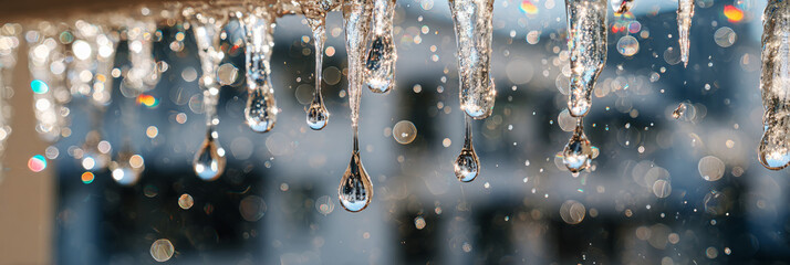 Long icicles hang from a roof, melting and forming droplets. Sunlight shines through, creating a sparkling display of colors in the background during a cold winter day, banner