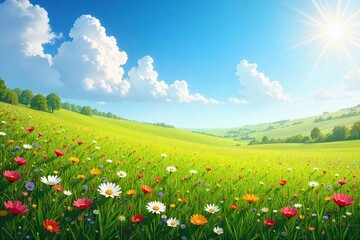 Fototapeta premium Vibrant Wildflower Meadow Under a Sunny Sky A Stunning Springtime Nature Scene