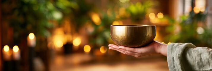 A hand gently rests on a singing bowl as warm light fills the room. This serene setting promotes relaxation and mindfulness through sound therapy practices, banner