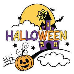 Spooky halloween scene with jack o lantern moon and haunted house vector