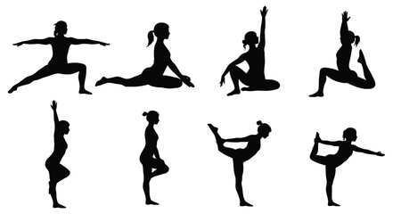 Silhouettes of women practicing various yoga poses in a sequence