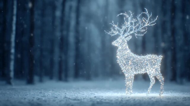 Magical Sparkling Deer Silhouette with Glowing Antlers in a Snowy Winter Forest. Ethereal Festive Holiday Background Scene.