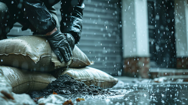 Close up of a person&rsquo;s hands stacking heavy sandbags against a residential garage door for emergency flood protection during a heavy rainstorm