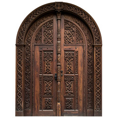 Ornate arched wooden double doors, intricately carved, with a central vertical panel design