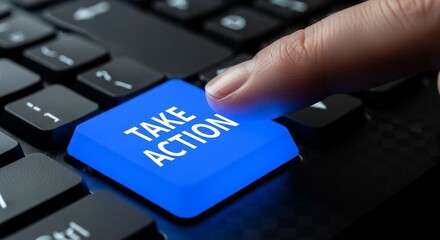 Finger Pressing Take Action Key - A close-up shot of a finger pressing the "Take Action" key on a keyboard, symbolizing decision, promptness, initiative, execution, and progress