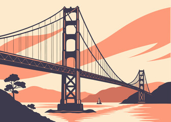 Obraz premium Golden Gate Bridge minimalist vector art in sunset orange tones, modern California travel illustration 