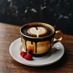 A close-up of a coffee cup with latte art and raspberries on a wooden table
