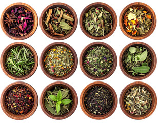  Top-Down View of Wooden Bowls Filled with Mixed Dried Herbs, Isolated