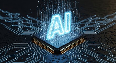 Electric Blue AI Typography Emerges From Processor Chip - Visual representation of artificial intelligence.