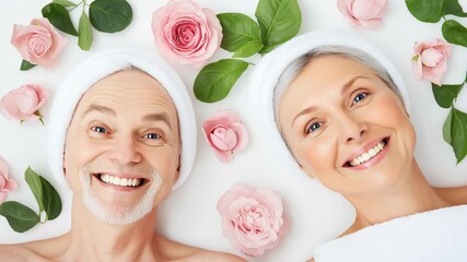 Elderly man and woman lying on white surface with roses and green leaves, enjoying spa procedures