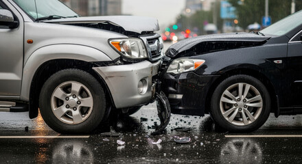 Fototapeta premium Car Accident Scene On Road - A car accident scene on the road with damaged vehicles